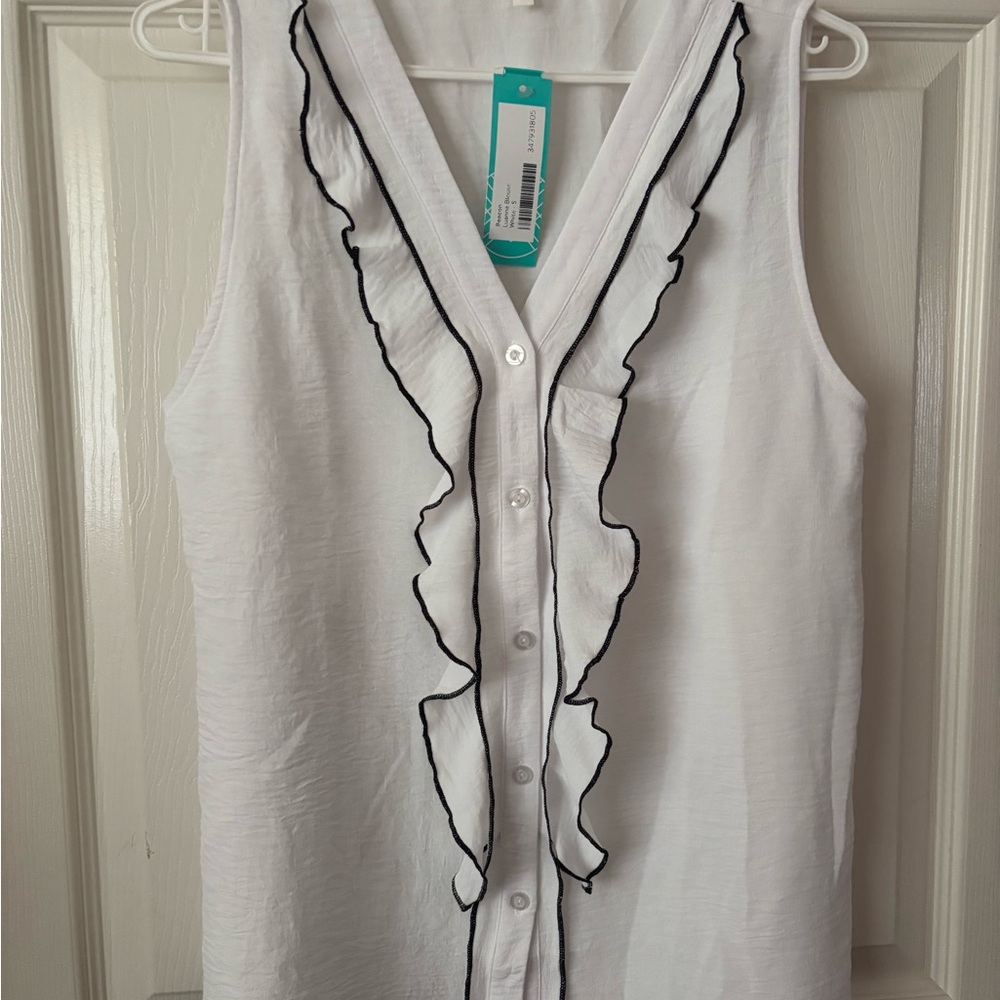 Beacon White Sleeveless Blouse with Black Trim